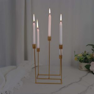 Gold Metal 5-Arm Taper Candle Holder 12", Geometric Candelabra Design - Perfect for Weddings and Party Tables